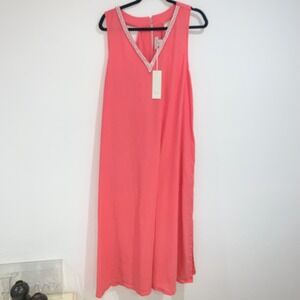 Calypso coral linen maxi v neck beaded Dress size XL new with tags